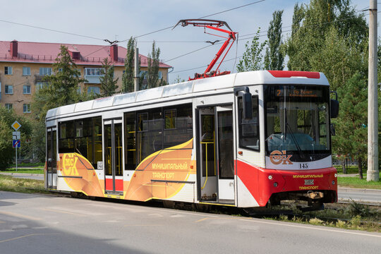OMSK, RUSSIA - AUGUST 27, 2025: Russian tram UVZ 71-407-01 on a sunny August day