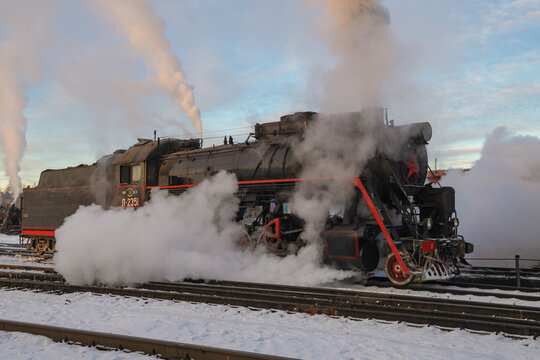 SORTAVALA, RUSSIA - FEBRUARY 20, 2025: Steam locomotive L-2351 (Lebedyanka) on the Sortavala station on a frosty February morning