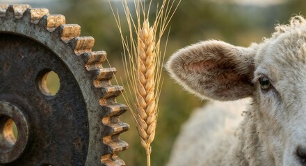 Wheat stalk next to sheep and gear in rural area during daylight