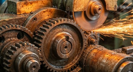Gears rotate and sparks fly in a machinery workshop during the daytime as metal parts are shaped