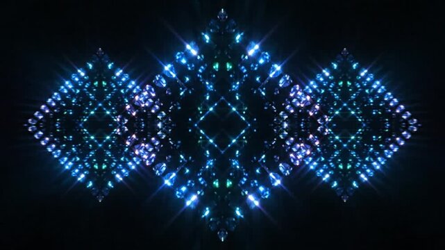 Abstract diamond shapes glittering with cool blue light shimmering symmetrically on a black background
