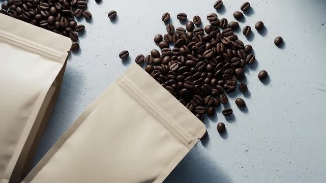 Roasted coffee beans spilling from packaging on textured surface