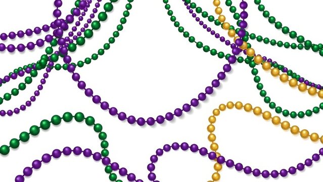 Mardi Gras beads in purple, green, and gold dangle and overlap against a white background, creating festive decoration.