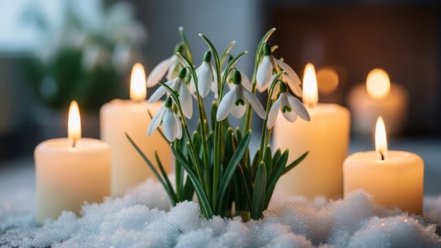A cluster of delicate snowdrops with green stems and white petals surrounded by fluffy white snow and softly lit candles on a windowsill