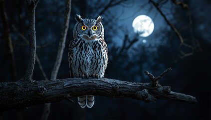 Wise owl sitting on a tree branch at night with glowing yellow eyes, ultra-detailed feathers, illuminated by moonlight in a dark forest, mysterious nocturnal wildlife scene