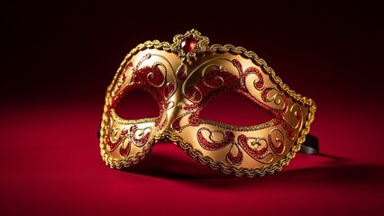 Gold and red ornate Venetian mask on a dark red surface