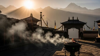 Incense smoke drifts in sunlight at ancient mountain monastery with prayer flags © Ehtisham