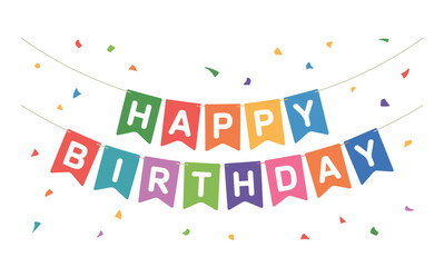 Colorful Happy Birthday Banner with Confetti on White