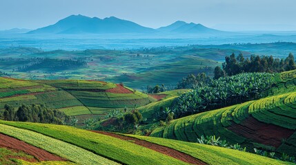 Naklejka premium Lush Green Terraced Fields on Rolling Hills with Distant Mountain Peaks Under a Hazy Blue Sky in Countryside Landscape