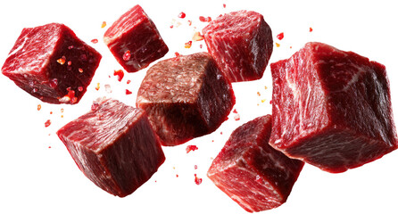Raw Beef Cubes with Spices and Herbs Floating in Mid-Air Isolated on Transparent Background