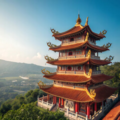 Obraz premium A majestic Chinese shrine with intricate double-tiered red roofs, adorned with golden dragon sculptures on the ridges, set against a clear blue sky, cinematic wide shot.