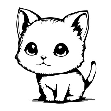 cute chibi cartoon cat with big eyes black and white outline