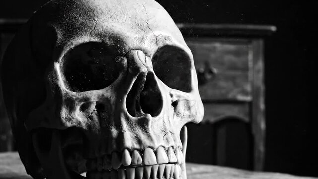 A human skull sits on a table in front of a wooden dresser in a dark room