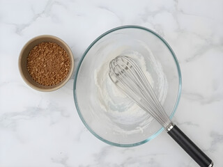 A bowl of flour and a whisk are on a marble countertop