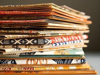 A stack of colorful papers with various designs and patterns