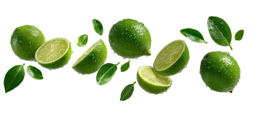 Fresh Green Limes and Leaves Floating in Mid-Air with Water Droplets Isolated on Transparent Background