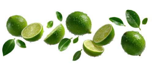 Fresh Green Limes and Leaves Floating in Mid-Air with Water Droplets Isolated on Transparent Background