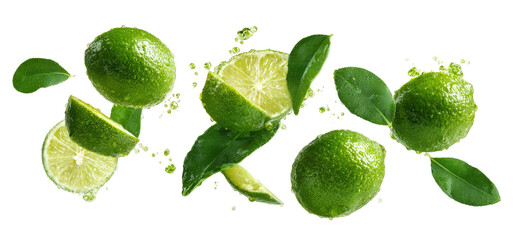 Fresh Green Limes Sliced and Whole with Leaves Floating in Mid-Air Isolated on Transparent Background