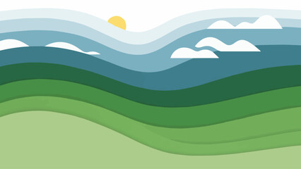 Obraz premium Cartoon illustration of a summer nature landscape featuring green grass hills and a meadow under a blue sky with white clouds and majestic mountains in a scenic countryside environment