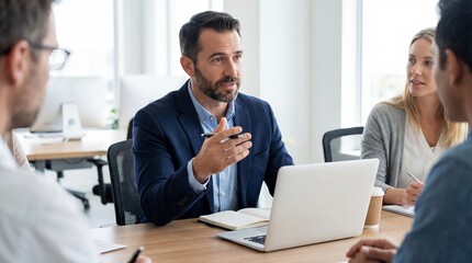 A diverse group of professionals in a modern meeting room, engaged in a productive discussion around a laptop and notebook, fostering collaboration and strategy.