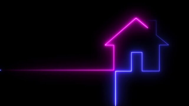 Neon line home icon. Neon line Cool linear animated home icon. House icon glowing neon light on black background.