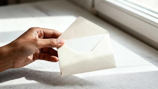 Hand holding a blank envelope by window with natural light  