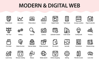 Modern digital web icons featuring browser tools, search, security, analytics, ecommerce, media, coding, settings and global connectivity symbols