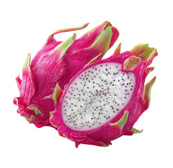 Vibrant Pink Dragon Fruit Cut Open Showing White Flesh with Black Seeds Isolated on Transparent Background