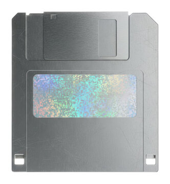 Silver Metal Y2K Floppy Disk With Holographic Label and scratched surface. 3d retro storage device shows rainbow iridescent sticker and industrial metallic texture.