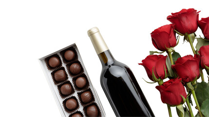 A romantic setup with wine chocolates and red roses on a transparent background