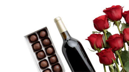 A romantic setup with wine chocolates and red roses on a transparent background