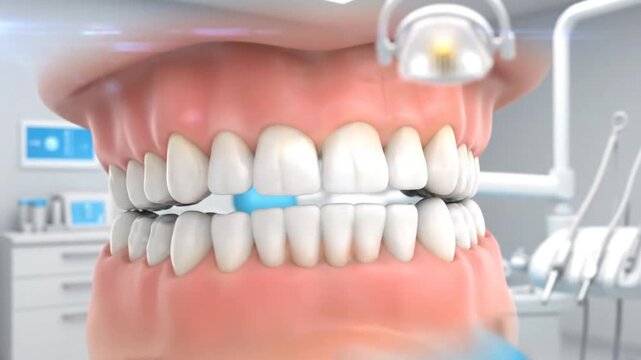 Dental braces treatment process animation showing teeth alignment and correction in a dentist's office