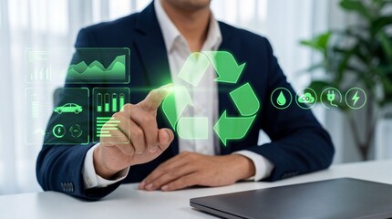 Businessman interacting with digital green eco friendly interface icons high quality professional detailed modern elegant stylish clean crisp vibrant colorful creative