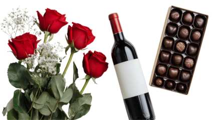 Romantic gift set with red roses wine and chocolates isolated on transparent background