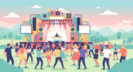 Happy crowd dancing at an outdoor music festival concert. © SAQUEEN