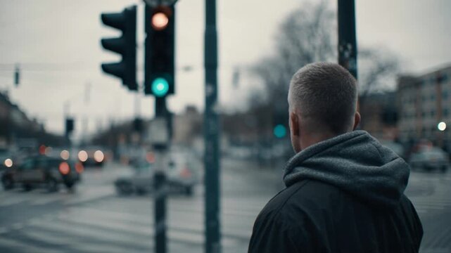 Man standing at a city crosswalk looking at traffic lights