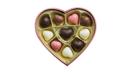 Assorted chocolates in heart shaped box on transparent background