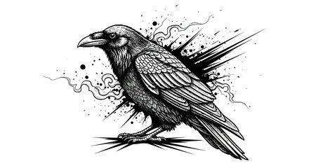 Obraz premium A striking black and white ink splatter raven illustration.