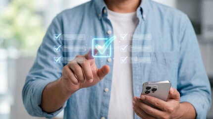 Man in blue shirt interacting with virtual interface on smartphone high quality professional detailed modern elegant stylish clean crisp vibrant colorful