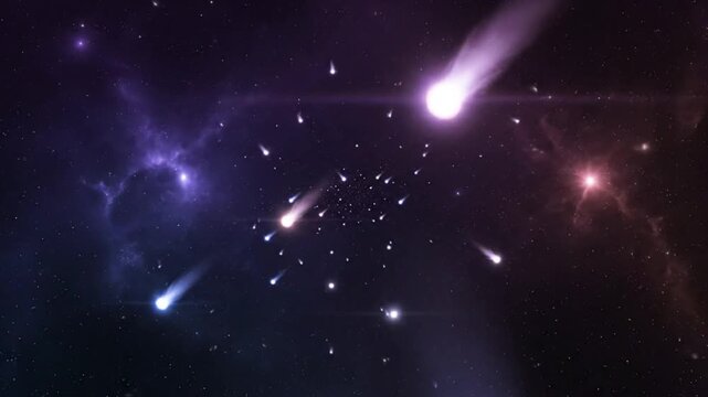 Cosmic spectacle of vibrant comets streaking through space with bright light and beautiful celestial nebulas