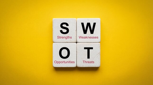 Swot analysis letters on blocks with strengths opportunities weaknesses threats high quality professional detailed modern elegant stylish clean crisp vibrant colorful