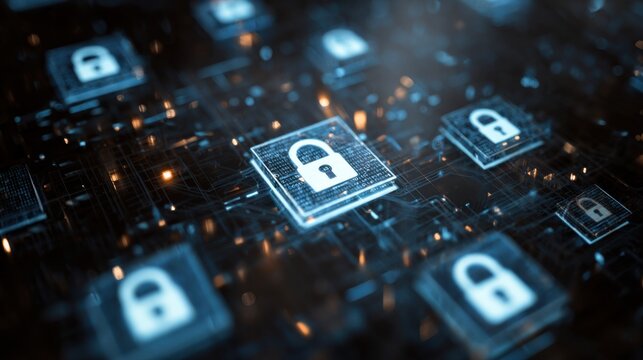 Digital security padlock on circuit board - Powered by Adobe