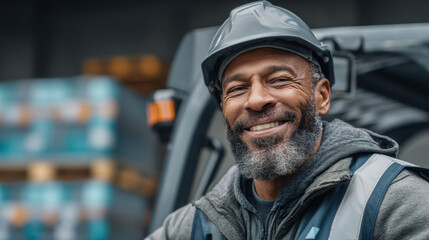 Smiling construction worker with hard hat and beard in front of a forklift, looking at the camera. A cheerful, middle-aged man wearing a safety helmet, in a warehouse setting next to a forklift.