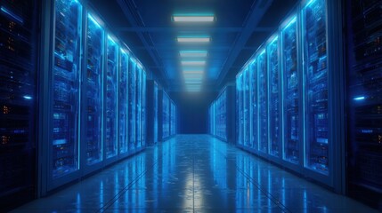 Futuristic server room glowing with blue lights