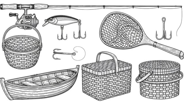 Vintage Fishing Gear Illustration with Rod, Basket, and Hooks