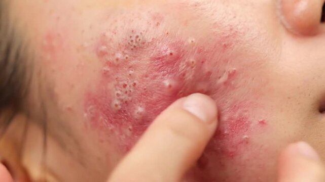 Close-up view of inflamed skin with multiple pustules and inflamed blemishes
