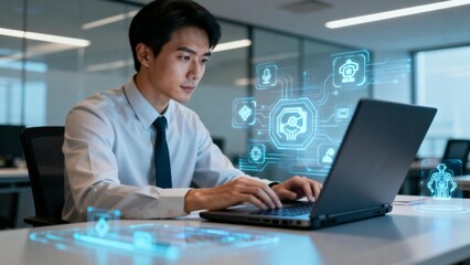 Man working on laptop with digital icons