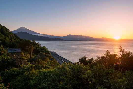 Mt. Fuji and street by bay view from Satta Toge pass at sunrise, Shimizu
