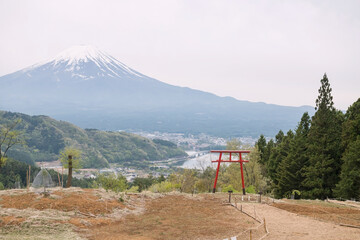 red torii gate of Kawaguchi Asama Shrine with Mt.Fuji view