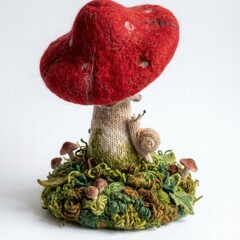 Charming Handmade Mushroom Figurine with Snail and Greenery